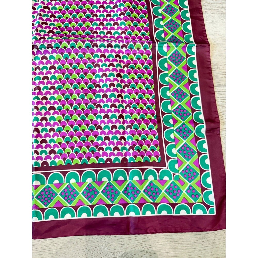 Vintage Sillook Japanese Geometric Scarf Scallop | Green and Purple | 27" Square - Picture 5 of 15